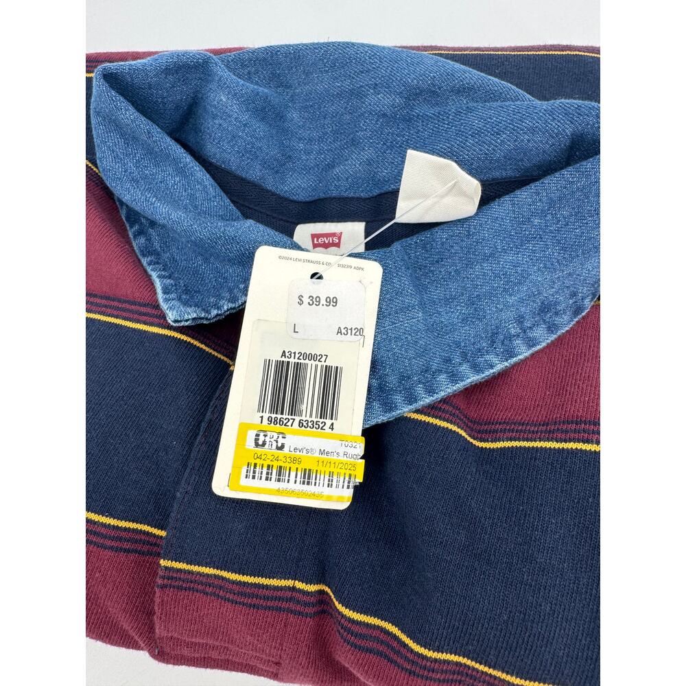 Levi's Preppy Rugby Polo Shirt Men Large Maroon Navy Striped Classic Varsity - Picture 7 of 9